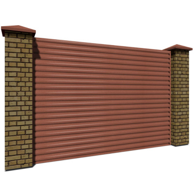 Секция забора жалюзи из ламелей еврожалюзи RAL8004 Терракотовый Стальной Бархат с кирпичными столбами