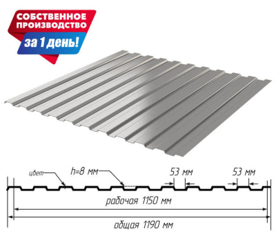 Профнастил С-8 Оцинкованный шириной 1,19 м. длиной 1,80 м и т0,45 мм
